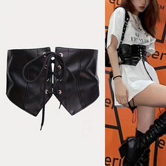 Punk Wide Waist Cinch Belt Bowknot Lace Up Elastic PU Corset Belt