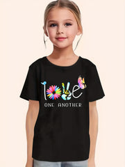 LOVE & Butterfly Graphic Short Sleeve T shirt Girls Versatile Pullover Tops