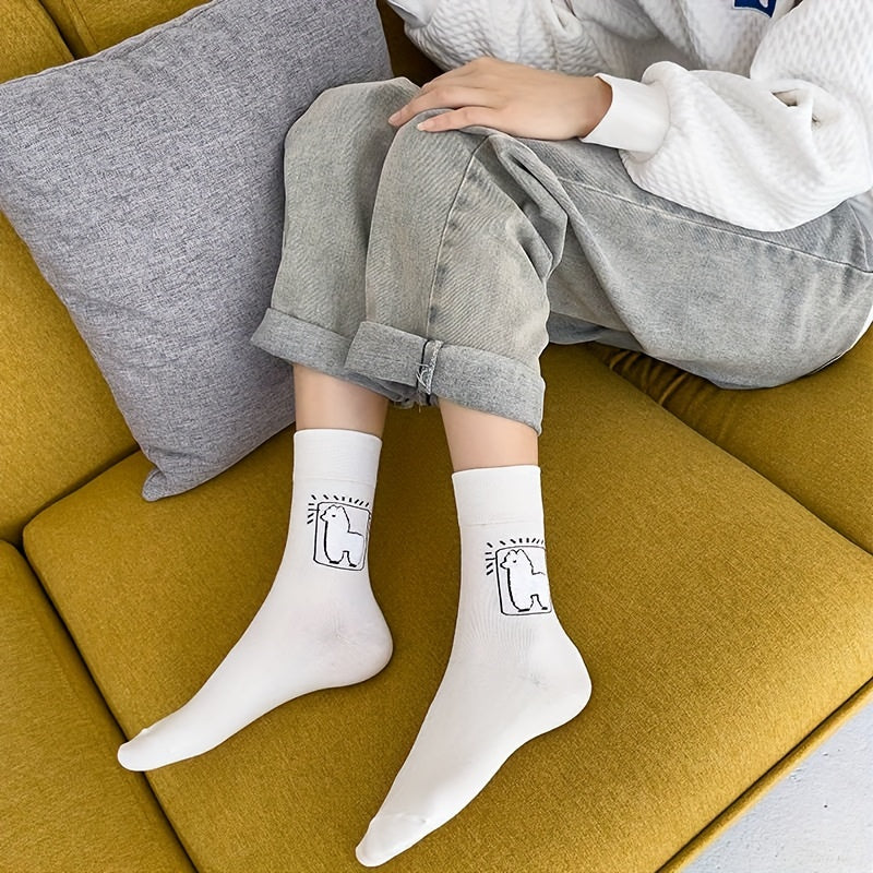 5 Pairs Alpaca Print Socks Comfy Women's Mid Tube Stockings