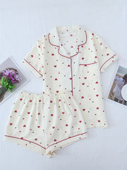Heart Print Pajamas Set Short Sleeve Buttons Top & Shorts