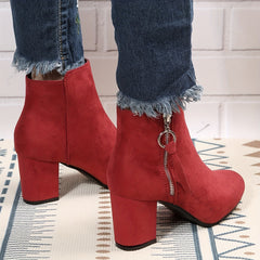 Chunky Heel Ankle Boots Solid Side Zipper High Heels Stylish Short Boots
