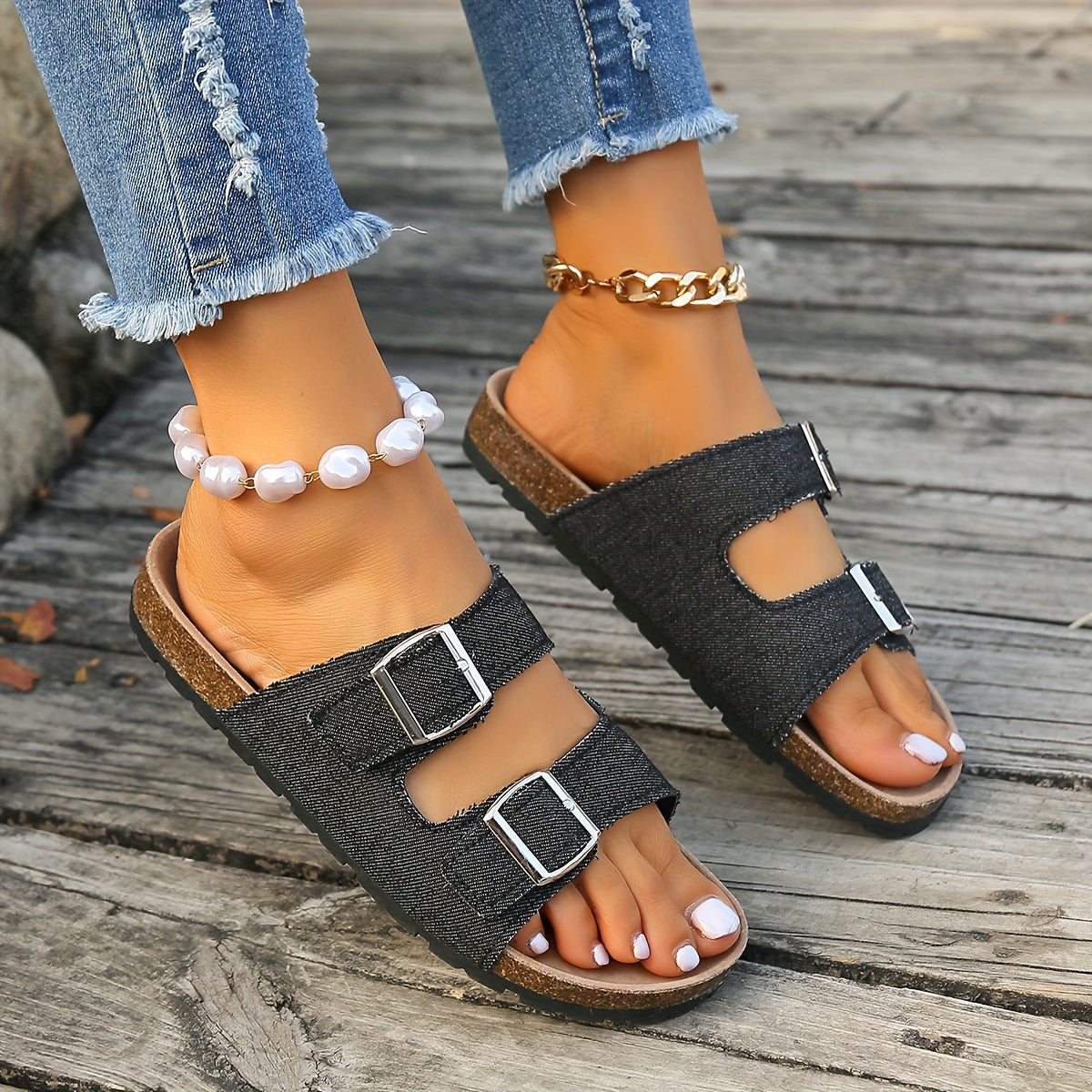 Women's Cork Footbed Sandals Comfortable Slip-on Slippers