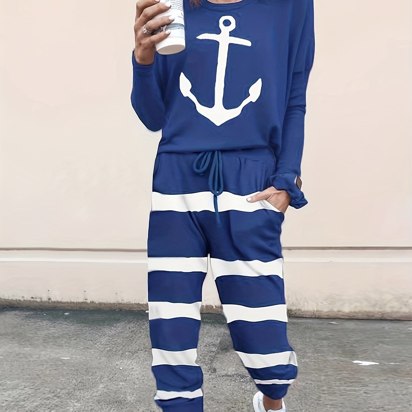Women's Plus Anchor & Stripe Long Sleeve Tee & Joggers Set
