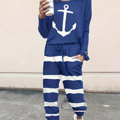 Women's Plus Anchor & Stripe Long Sleeve Tee & Joggers Set