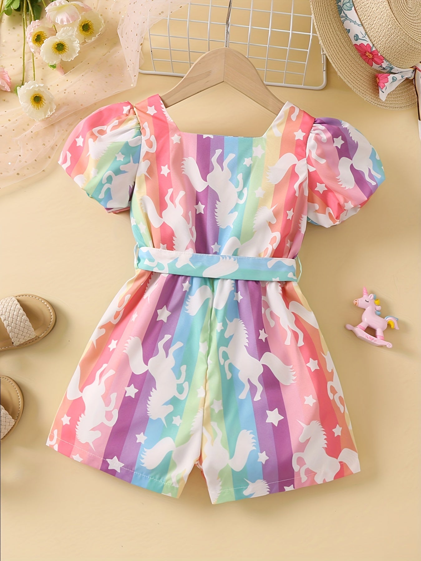 Toddler Girls Puff Sleeve Button Rainbow Unicorn Graphic Belted Rompers