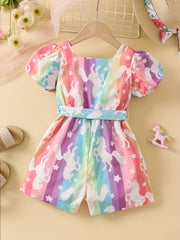 Toddler Girls Puff Sleeve Button Rainbow Unicorn Graphic Belted Rompers