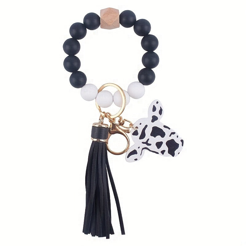 Cow Head Pattern Silicone Beaded Bracelet Keychain Pendant