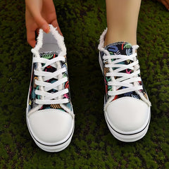 Women's Graffiti Printed Canvas Shoes Lace Up Low Round Toe Flat Comfy Shoes