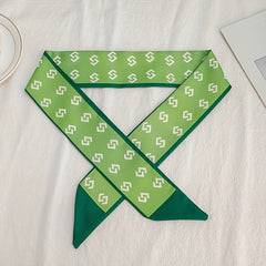 Green Geometric Print Skinny Satin Twilly Scarf Hair Ribbon Neckerchief