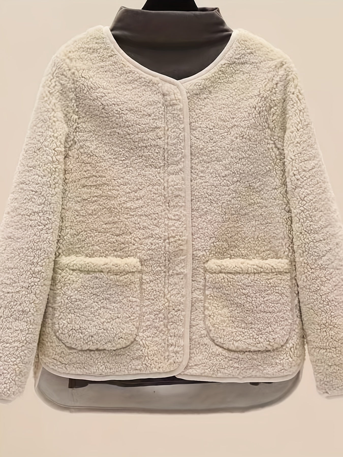 Solid Pocket Front Teddy Coat Casual Crew Neck Long Sleeve Outerwear