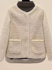 Solid Pocket Front Teddy Coat Casual Crew Neck Long Sleeve Outerwear