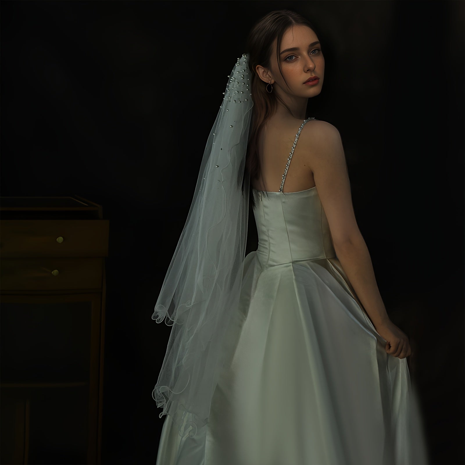 Double Layer Bridal Veil with Faux Pearls & Wavy Edge 1 Meter Long