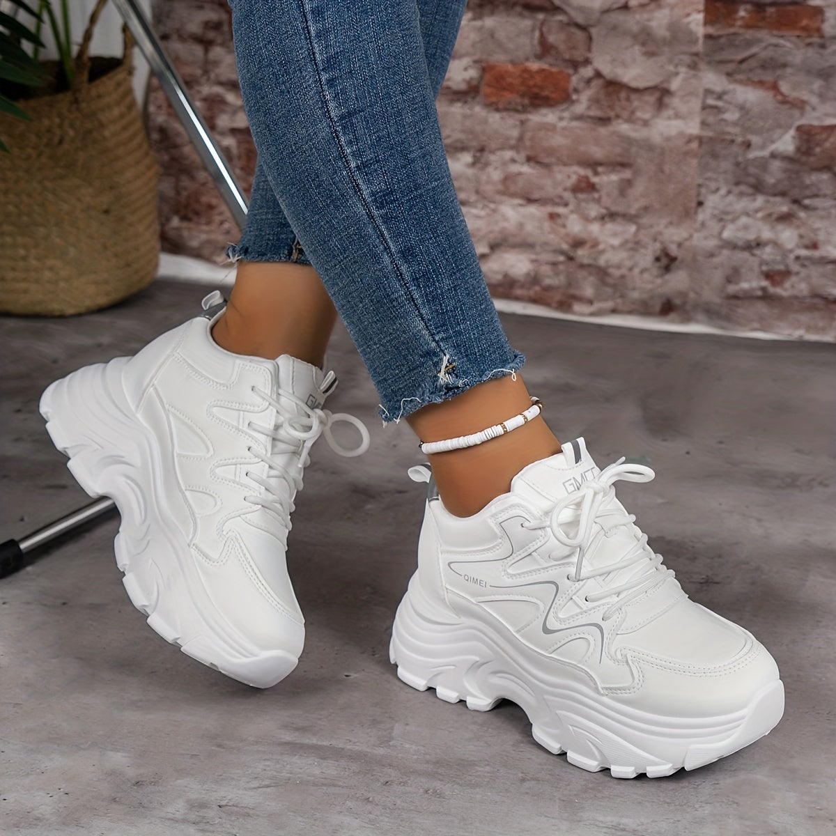 Women's Thick Bottom Sports Shoes Casual Solid Sneakers Lace Up Platform