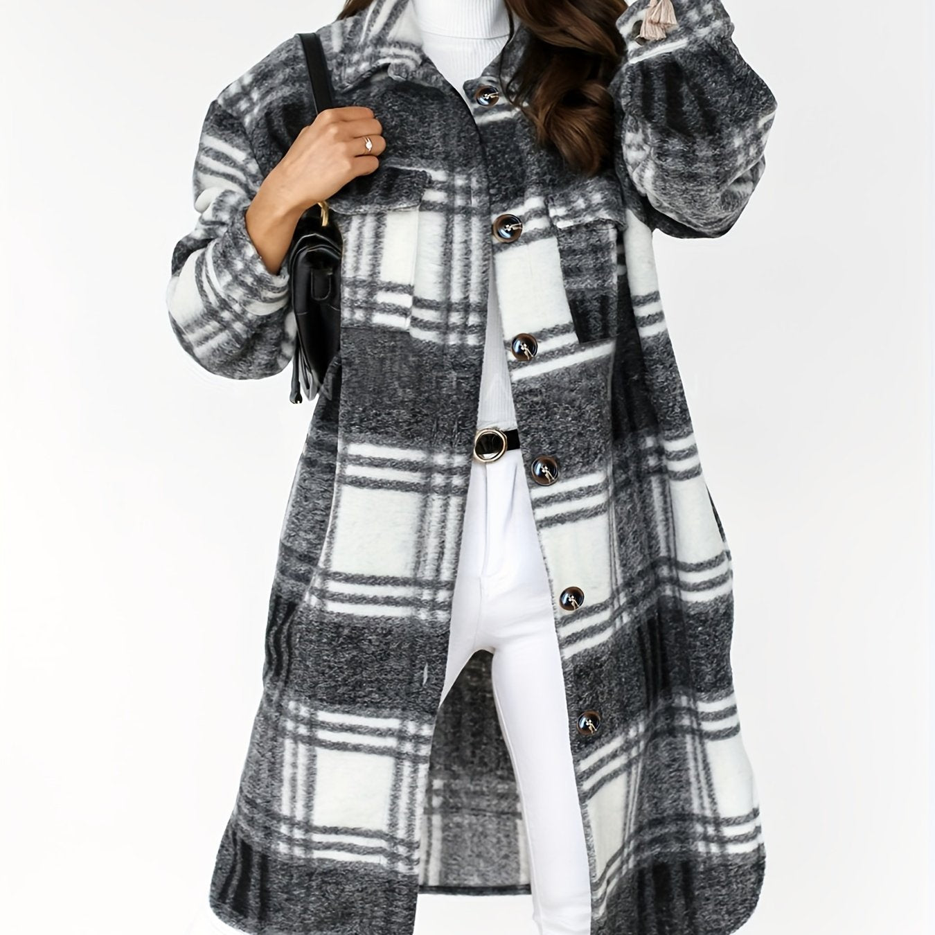 Women's Plaid Brushed Mid Length Loose Jacket
