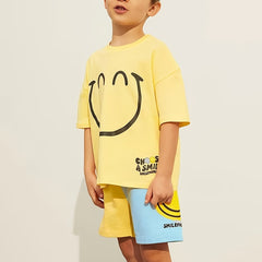 2pcs Boys Summer Outfits Sets Short Sleeve Happy Graphic Print T Shirt Tops