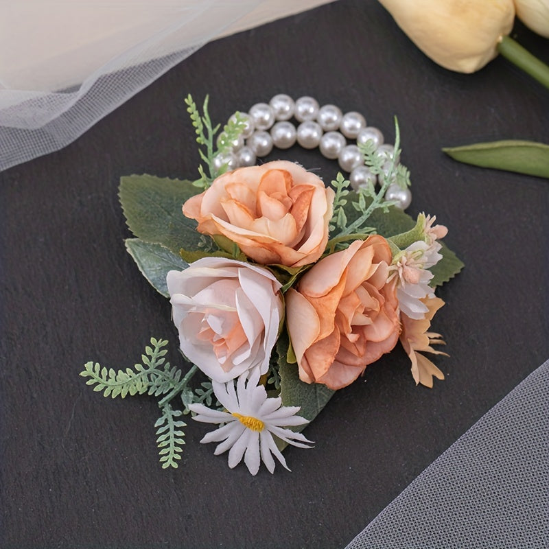 Rose Wristband Flower Ribbon Faux Pearl Bracelet Wedding Bridesmaid
