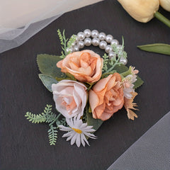 Rose Wristband Flower Ribbon Faux Pearl Bracelet Wedding Bridesmaid