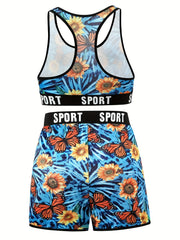 Sporty Plus Size Tie Dye Bra & Shorts Set