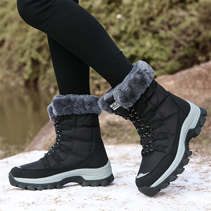 Women's Lace up Snow Boots Faux Fur Lined Thermal Mid Calf Boots