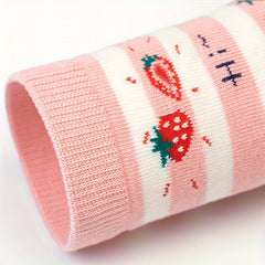 Girl's Cartoon Strawberry Striped Knitted Socks, 5 Pairs