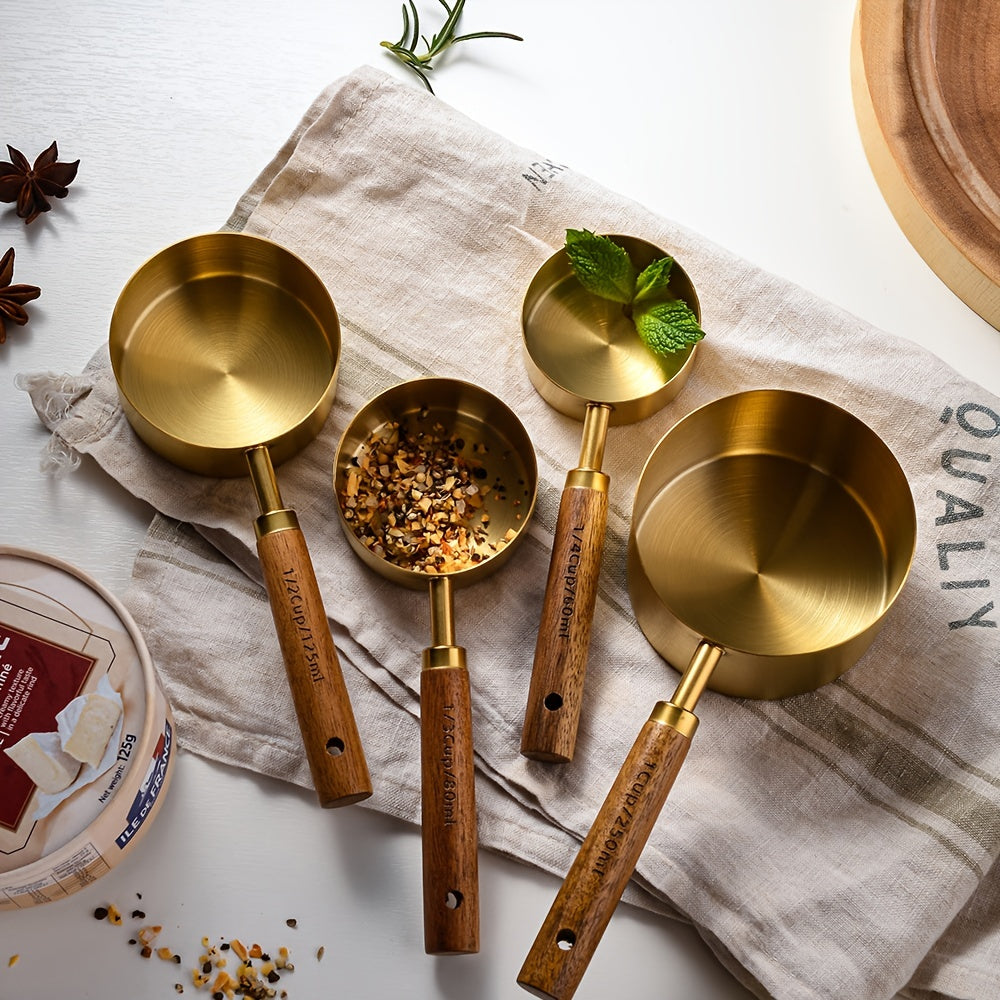 8pcs Measuring Cups & Spoons Set Stainless Steel Wooden Handle