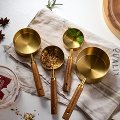 8pcs Measuring Cups & Spoons Set Stainless Steel Wooden Handle