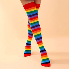 Rainbow Striped Thigh High Socks Cosplay Party Over The Knee Socks