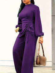 Casual Jumpsuit Lantern Sleeve Mock Neck Drawstring Wide Leg