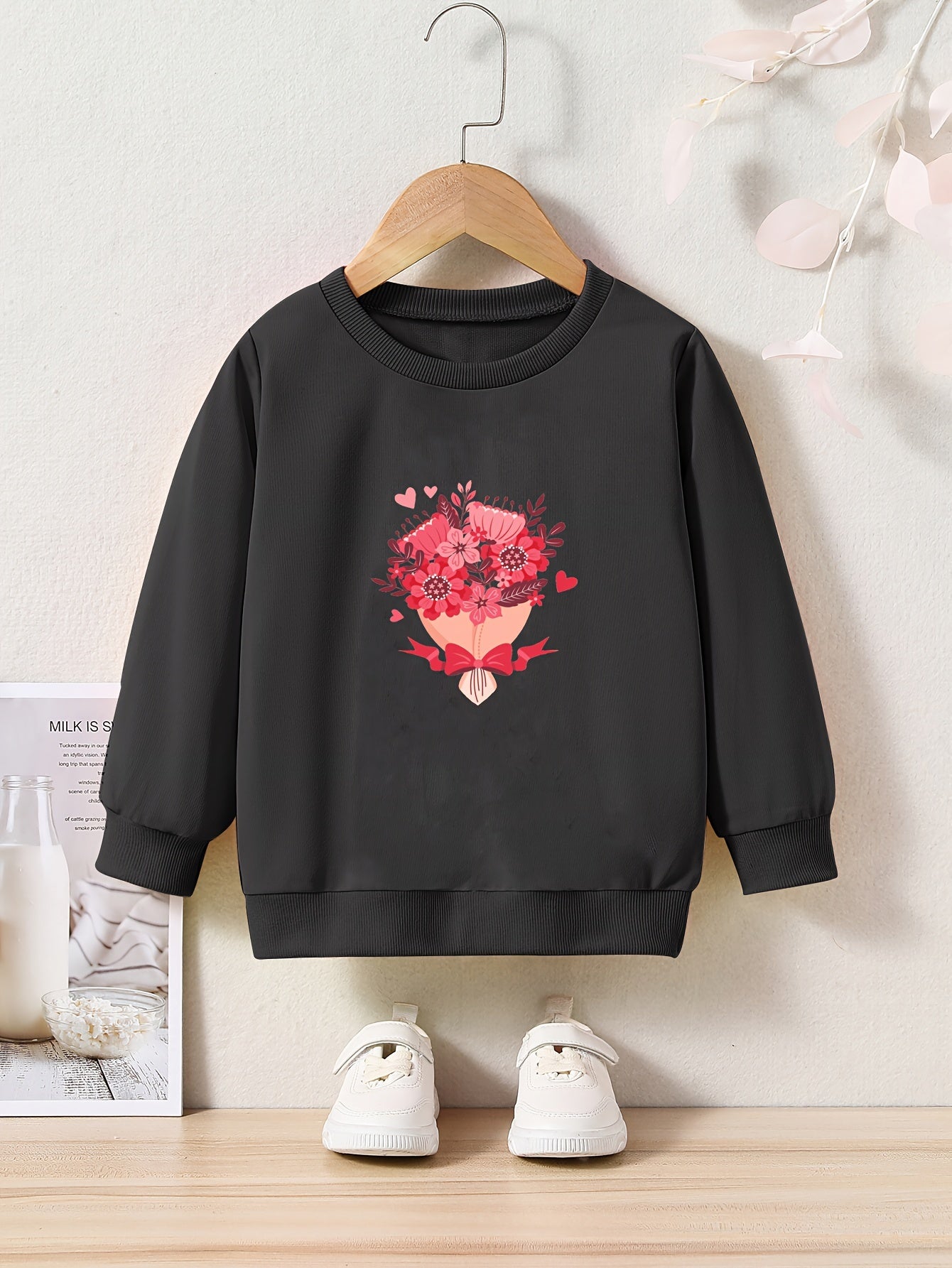 Flowers Print Girls Casual Pullover Sweatshirt for Fall Winter