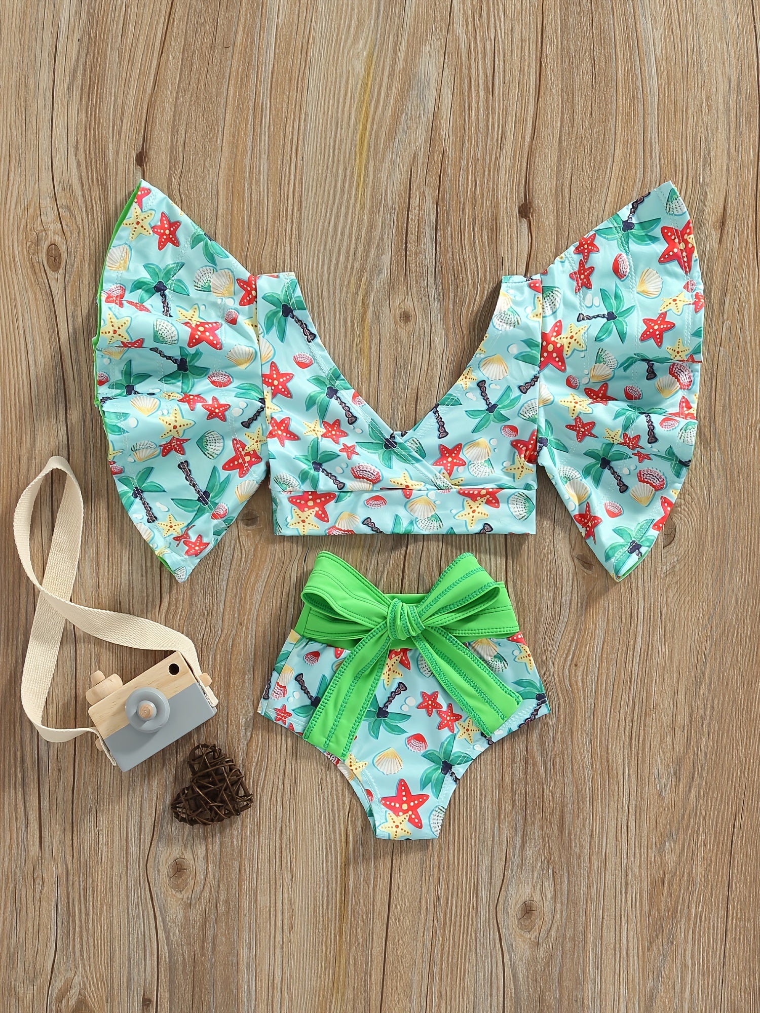 2pcs Baby Girls Striped Lemon Top & Bowknot Shorts Swimsuit Set