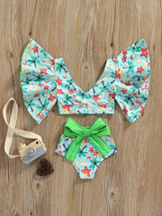 2pcs Baby Girls Striped Lemon Top & Bowknot Shorts Swimsuit Set
