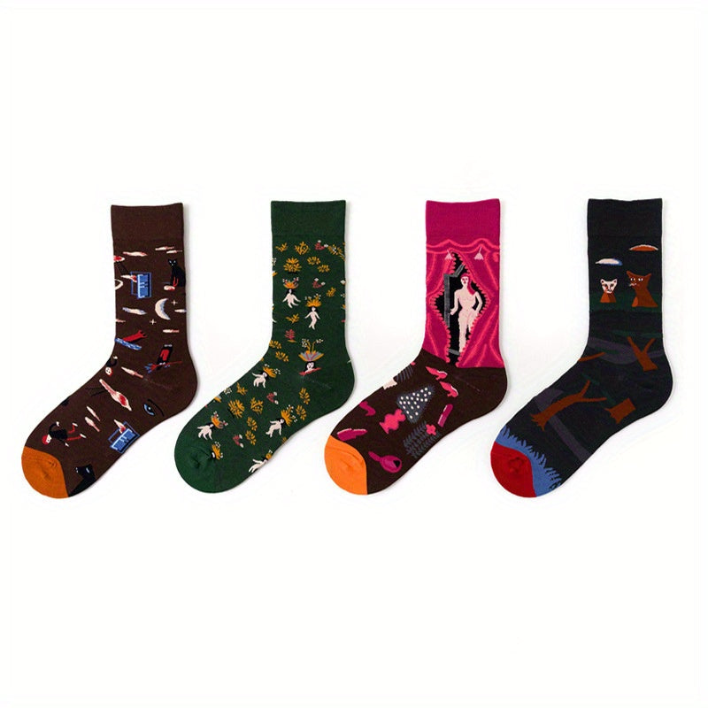 4 Pairs Cartoon Print Women's Mid Tube Stockings