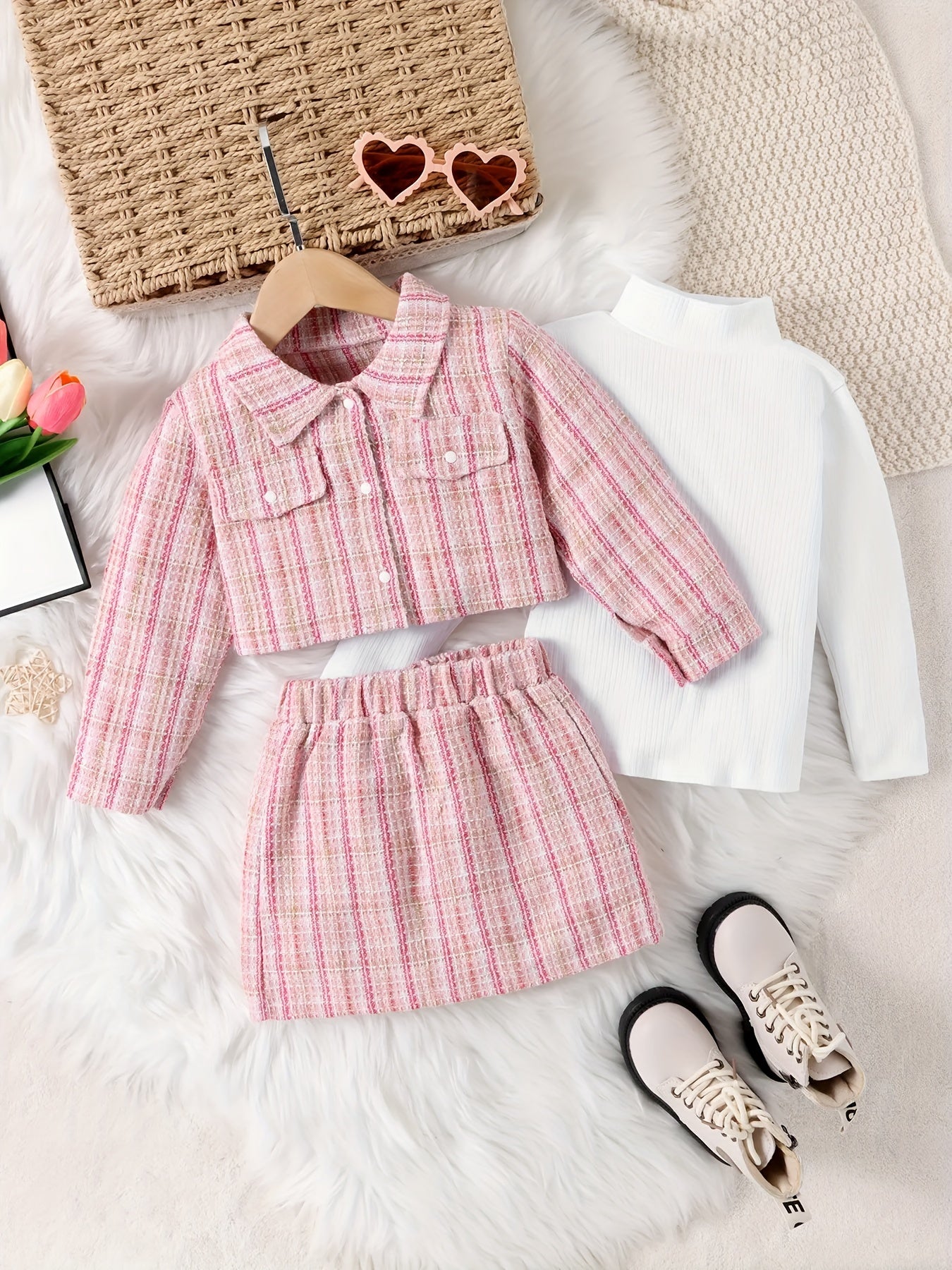 Girls 3pcs Turtleneck Top Coat Skirt Set Plaid Texture Casual Kids Clothes