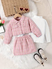 Girls 3pcs Turtleneck Top Coat Skirt Set Plaid Texture Casual Kids Clothes