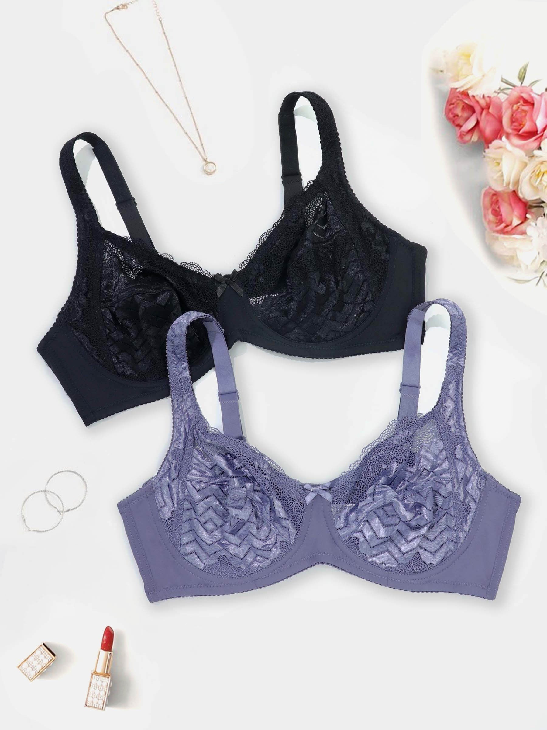 2 Pack Plus Size Underwire Lace Bra Set, Chevron Pattern, Bow Decor