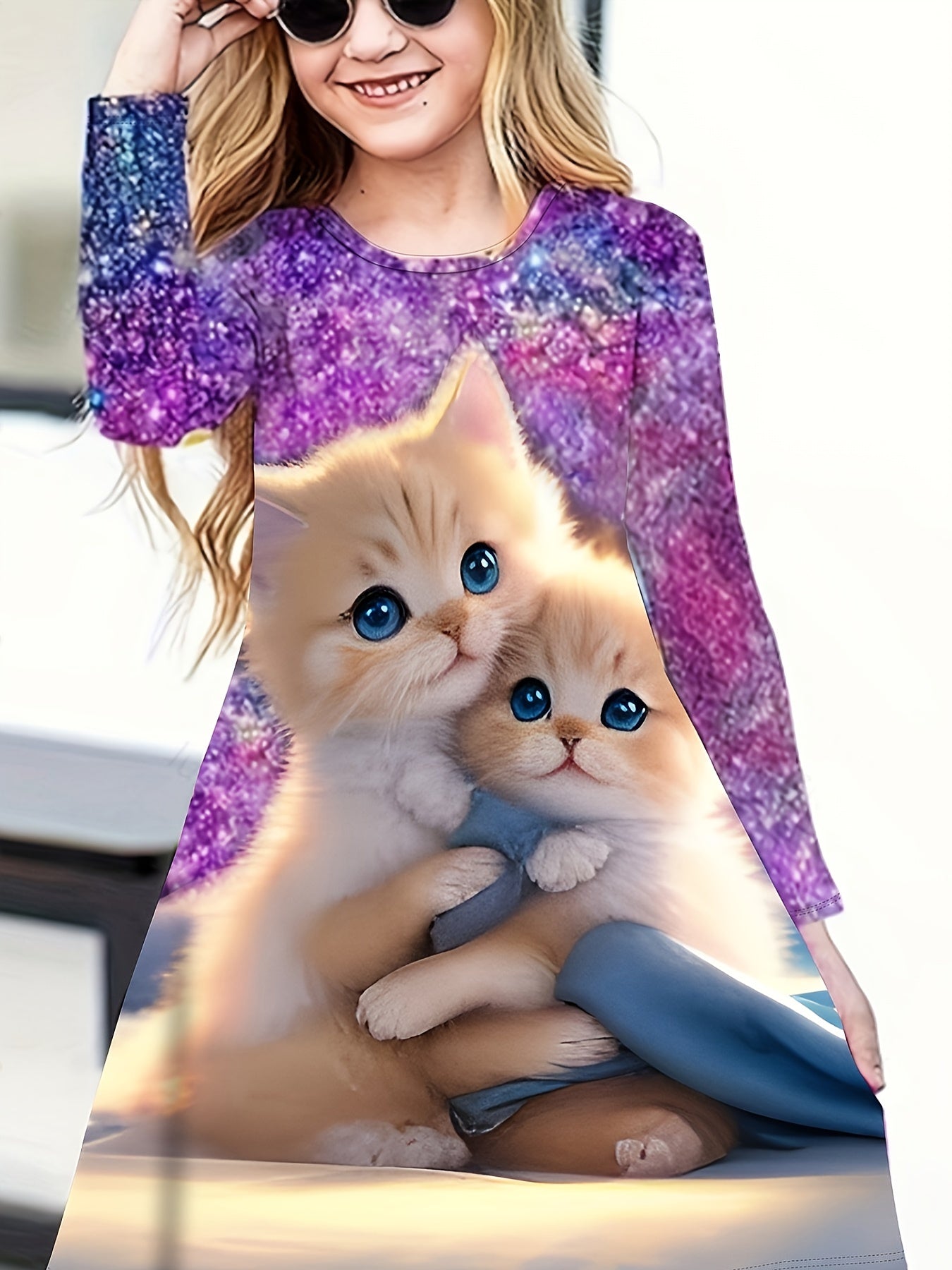 Girls 3D Kitty Graphic Crew Neck Dress Spring Fall Gift