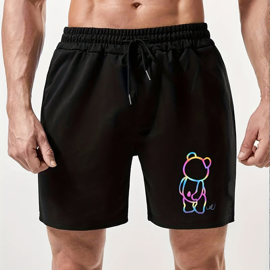 Cartoon Bear Print Men's Comfy Shorts Summer Drawstring Casual Loose Shorts