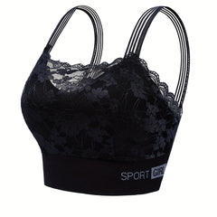 Lace Trim Wireless Sports Bra Breathable Push Up Bralette