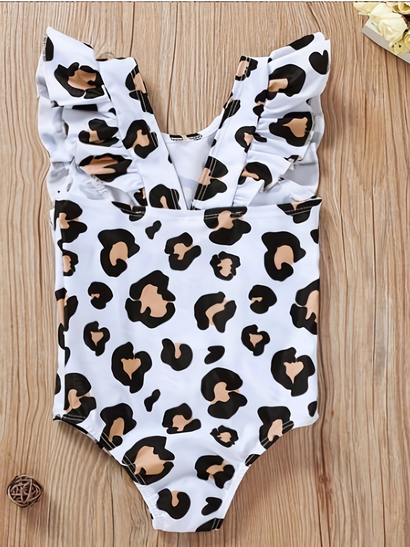 Leopard Print Ruffle Trim Swimsuit for Baby Girls