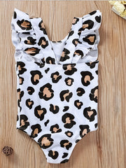 Leopard Print Ruffle Trim Swimsuit for Baby Girls