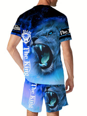 Lion 3d Pattern Mens 2 Piece Outfits Short Sleeve T shirt And Shorts Set