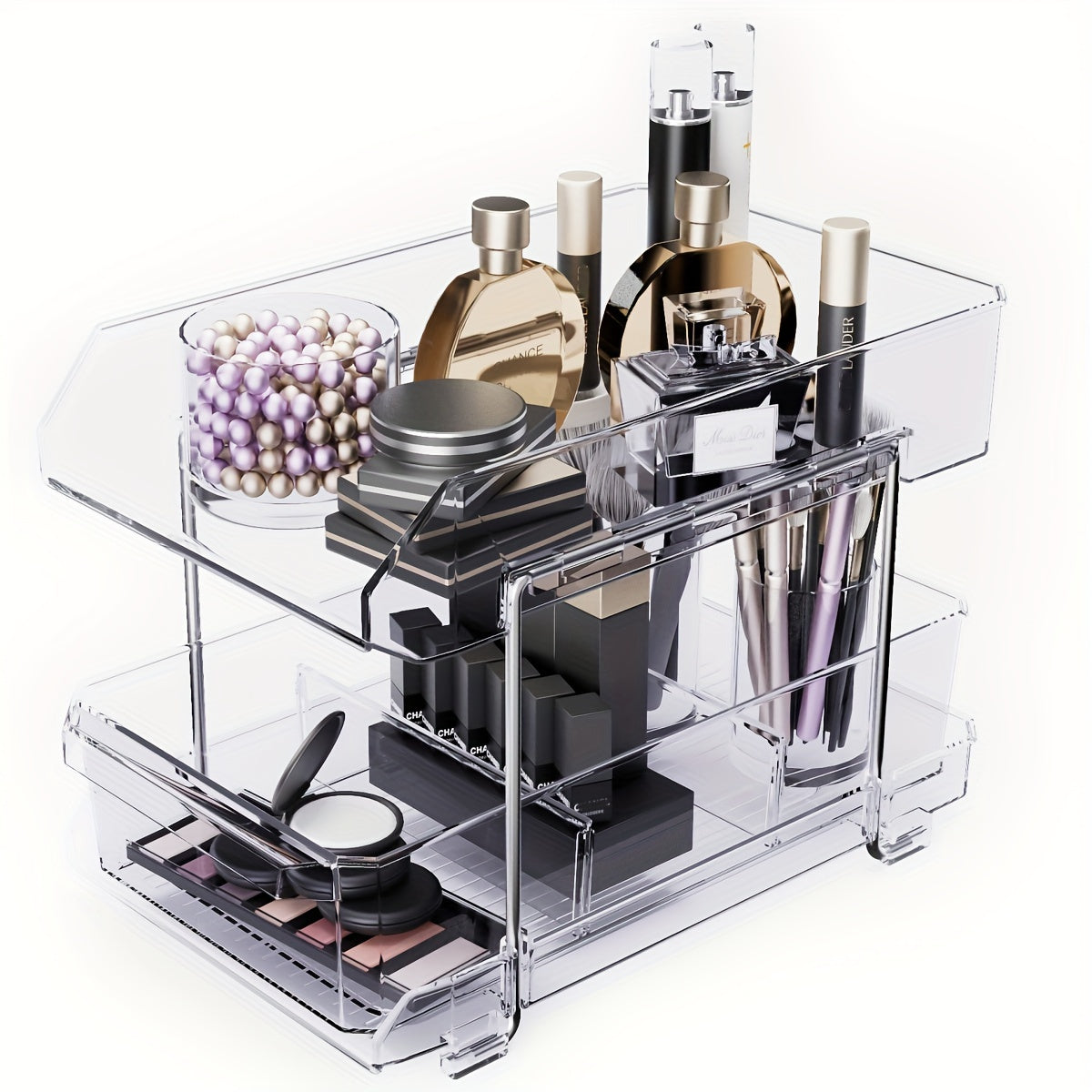 2 Tier Clear Organizer With Dividers Slide Out Storage Container
