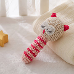 Crochet Owl Bell Toy Soft Nylon Sensory Stimulation Bead Eyes Pink Teething Toy