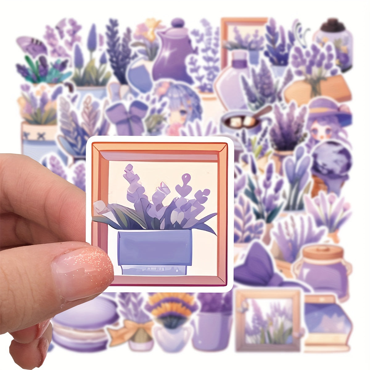 50pcs Lavender Cartoon Phone Case Stickers PVC Waterproof Self adhesive Stickers