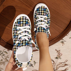 Women's Colored Houndstooth Canvas Shoes Lace Up Flat Sneakers
