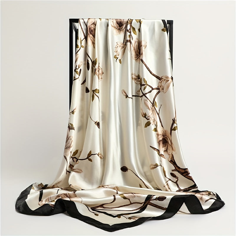 Flower Print Bandana Chinese Style Satin Square Scarf Women Windproof Head Wrap