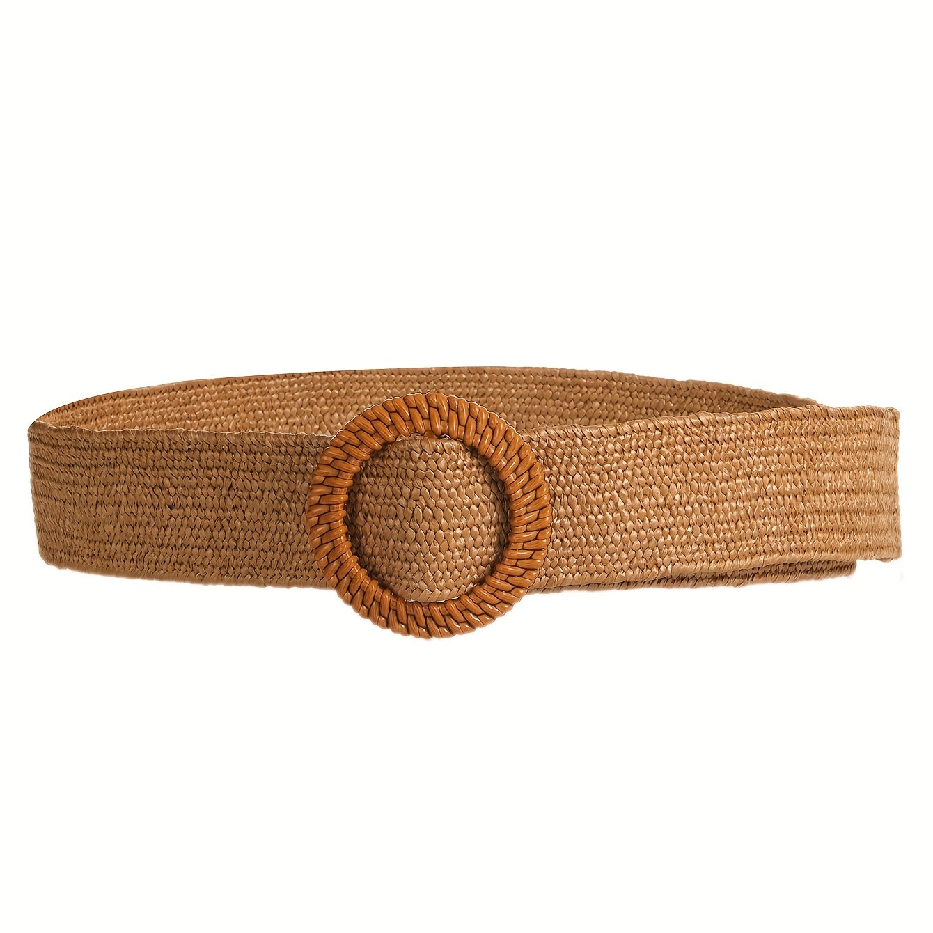 Khaki Elastic Straw Belt Round Wooden Buckle Wide Waistband for Women