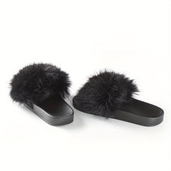 Women's Fluffy Fur Slippers Open Toe Platform Non Slip Shoes