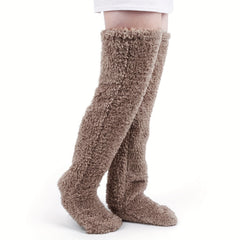 Solid Fuzzy Thigh High Socks Warm Over The Knee Socks Women's Stockings