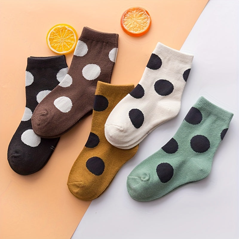 5 Pairs Kids Dot Pattern Crew Socks - Soft & Comfy Children's Socks